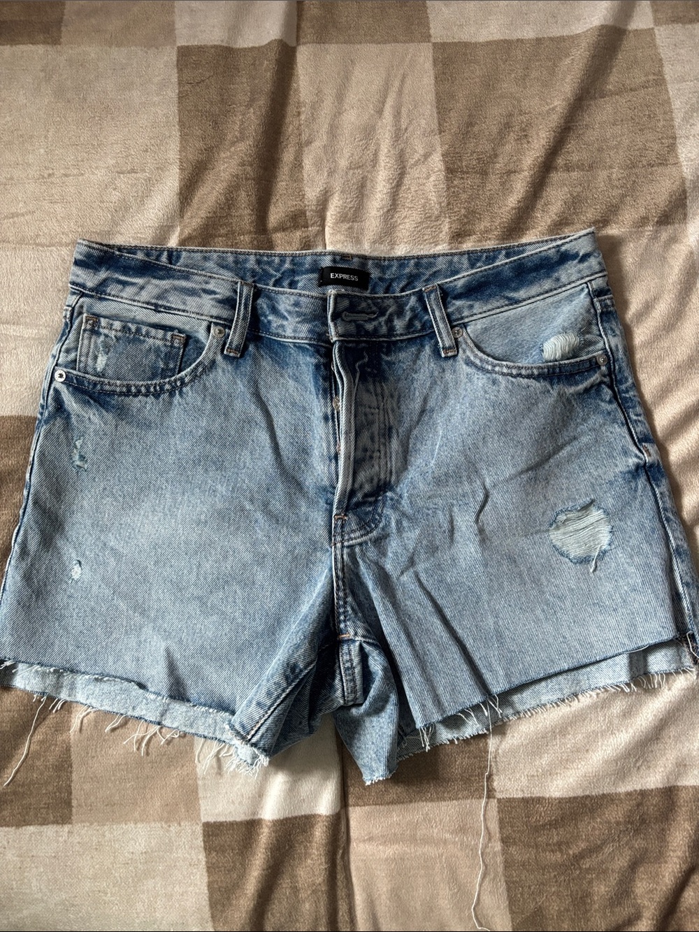 Express Light Blue Distressed High-Rise Denim Shorts